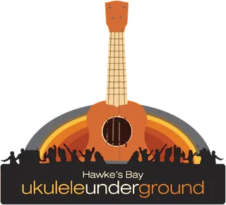 Hawke's Bay Ukulele Underground logo: an orange ukulele rising over a sunset arc and a cheering crowd